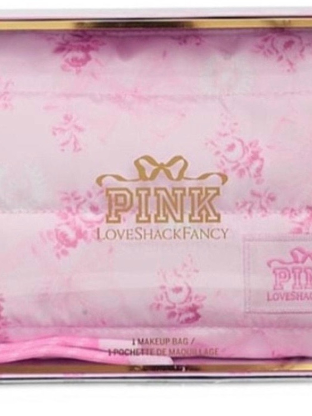 PINK LoveShackFancy Pink Floral Cosmetic Bag with Gold Logo